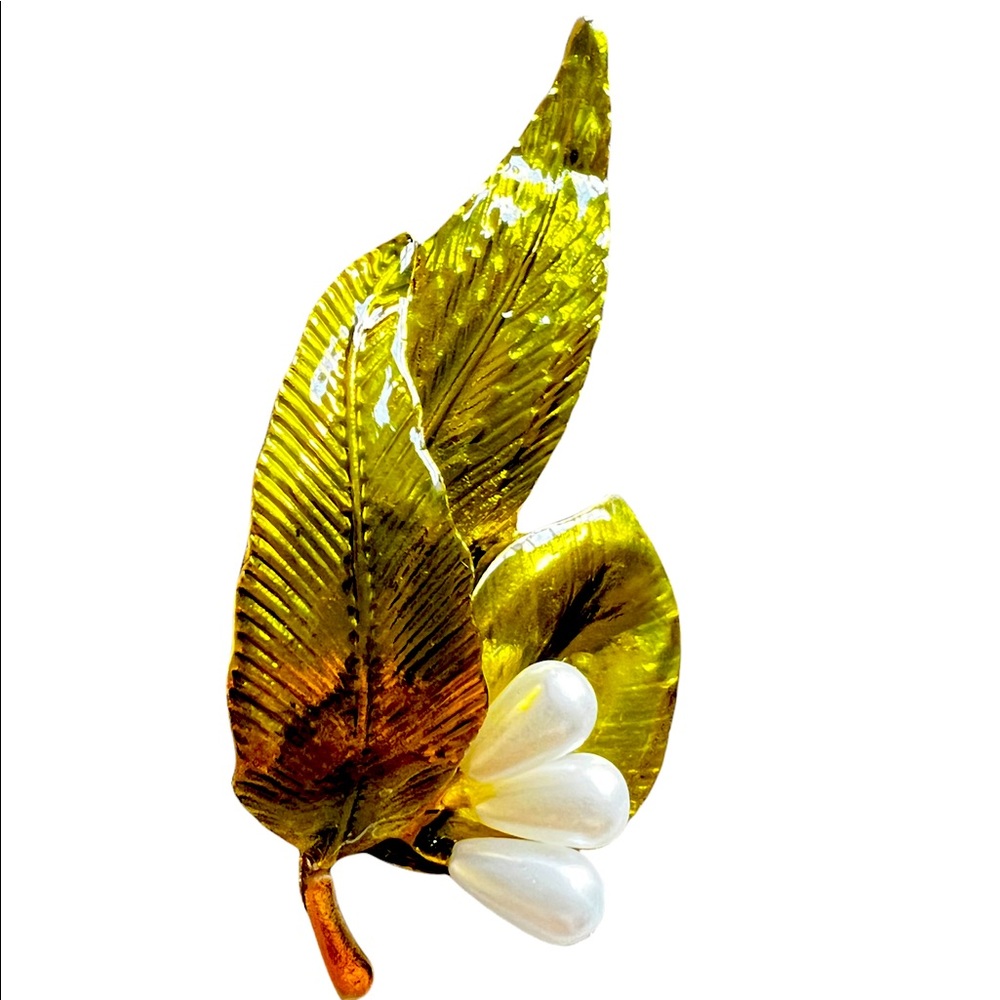Pearl Enamel Leaves Brooch